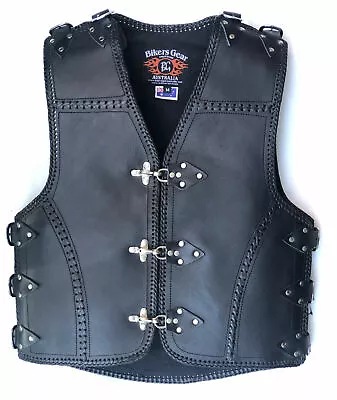 Mens Motorcycle Motorbike Heavy Duty 3mm Thick Leather Biker Club Vest Waistcoat • $249