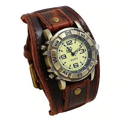 Vintage Retro Leather Cuff Bracelet Wide Band Steampunk Mens Quartz Wrist Watch • $13.98