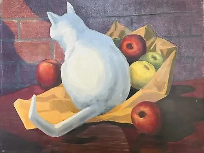 Mid Century Modernist Still Life Cat Oil Painting • $70