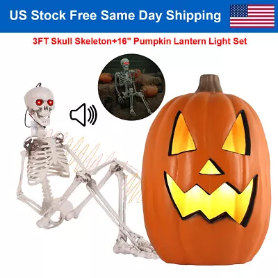 3FT Halloween Skull Skeleton Bones LED Eye +16  Jack O Lanterns Light Up Pumpkin • $78.86