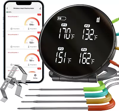 Wireless Meat Thermometer 400FT Bluetooth Meat Thermometer Digital With 4-Probe • $34.86