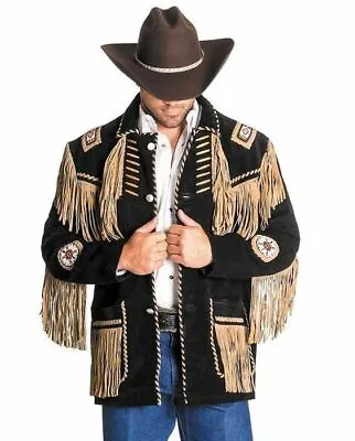 Western Cowboy Suede Leather Jacket For Mens Native American Fringe Beads Jacket • $124.99