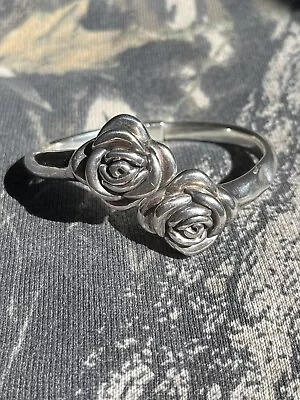 Vintage Sterling Hollow Rose Flower Hinged Clamper Bracelet As Is • $45