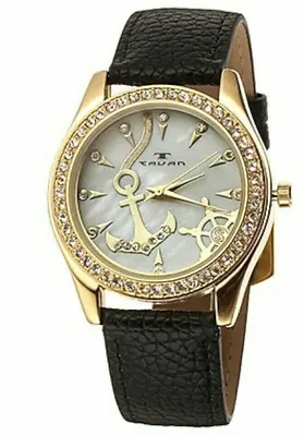 NEW Tavan 9775 Women's Nautical MOP Dial Crystal Bezel Black Leather Watch • $11.99