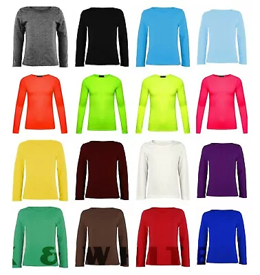 Girls Kids Basic Long Sleeve Round Neck T-Shirt Top Kids Plain Neon School  2-13 • £5.49