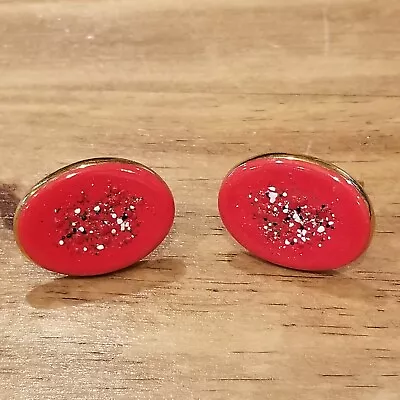 Vintage Mens Cufflinks Red Abstract Design Oval Round Gold Tone 473 • $2.20