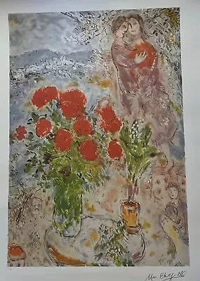 Marc Chagall Large Color Lithograph  Red Bouquet With Lovers   - Numbered • $75