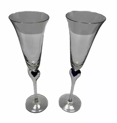 Vintage Champagne Glasses With Cobalt Hearts Made In Italy Anniversary Date • $18.97