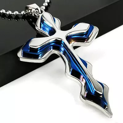 Cross Pendant Necklace BLUE 925 Silver Plated Unisex Crucifix Lab-Created • $3.99