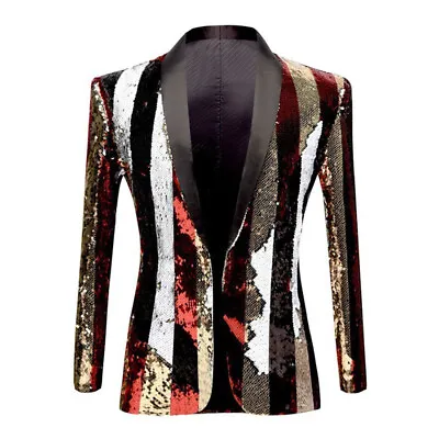 Men Striped Sequin Tuxedo Jacket Suit Blazer Coat Party Showman Tops Clubwear • $81.14