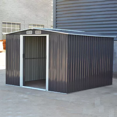 8x8ft Garden Shed Metal Galvanized Dark Grey Apex Roof Outdoor Tools House +Base • £329.95