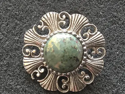 Vintage Polished Cabochon Brooch - Ornate Silver Tone Mount • £4.95