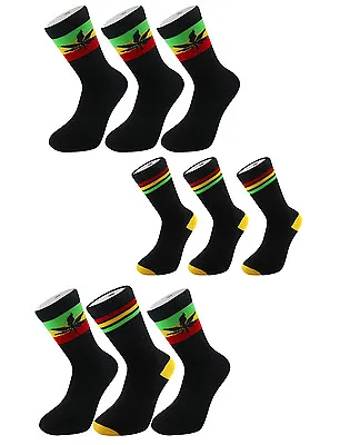£5.95 • Buy X3 Rasta Rastafarian-Stripe Lion Of Judah Leaf Black Crew Socks One Size UK 6-11