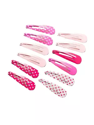 NEW Women's Pink White Stars Snap Hair Clips Pins Barrettes Set Of 12 • $4.28