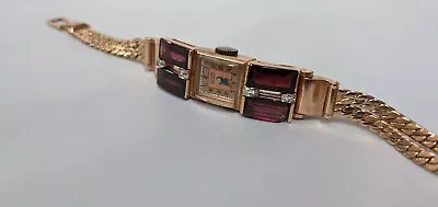 Vintage Art Deco Lucien Piccard 14K Rose Gold Watch W/ Diamonds & Rubies  • $3495