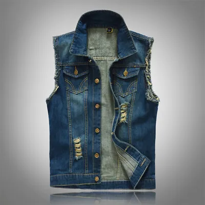  Men's Slim Fit Coats Denim Vest Sleeveless Jeans Ripped Jacket Waistcoats Sprin • $24.69