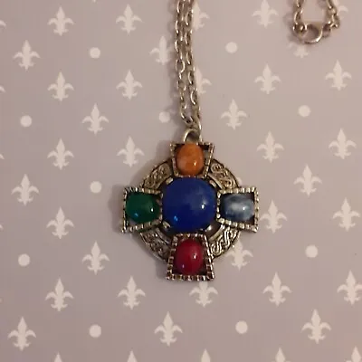 Vintage Scottish / Celtic Multicolour Pendant Necklace Silver Tone Chain • £7.99