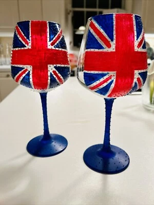 £27.08 • Buy UNION JACK Drinking Wine Glasses So Cool! Hand Painted By “The Tipsy Lamb” 8.5