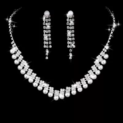£6.99 • Buy White Pearls Crystal Diamante Silver Necklace Earrings Set Costume Jewellery