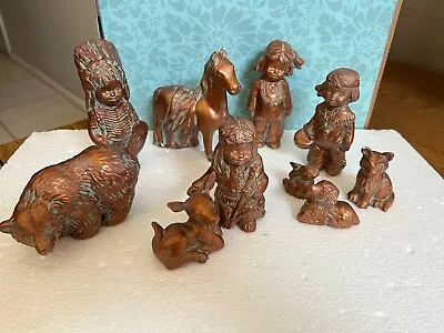 Vintage Native American Set (10) Ceramic Patina Gold Painted Indian Figurines • $30