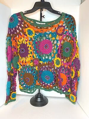 Vintage (MY) Crochet Cropped Knit Beaded Rainbow Pullover Sweater Women • $90