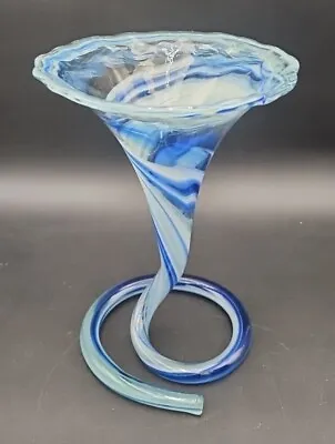 Vintage Murano Italy Hand Blown Art Glass Vase Coil Trumpet Flower Cobalt Blue  • $29.99