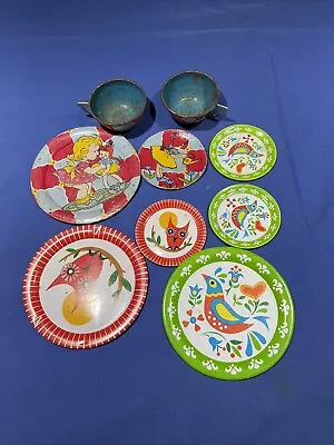 Vintage 70s Metal Tin Kids Child Play Dishes Owl Bird Girl 9 Piece Lot • $7.50