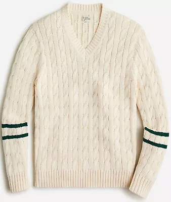 NWT $118 J Crew Heritage Cotton Cable Knit Tennis Stripe V-Neck Sweater In Ivory • $59.99