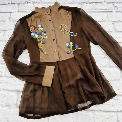 Miu Miu Silk Embroidered Sheer Blouse Size 2 Brown Mandarin Collar Long Sleeve • $79.21