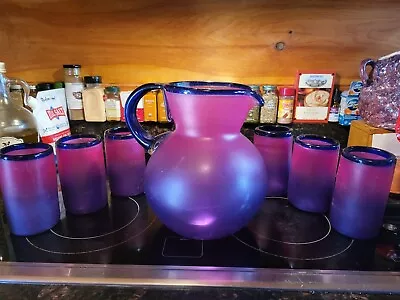 L@@k!!! Hand Blown Mexican Glassware Set Pitcher With (6) Glasses Purple Ombre  • $129.99