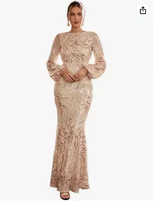 Miss Ord Formal Sequin Maxi Mermaid Prom Dress Bodycon Long Sheer Lantern Gold • $38