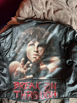 $450 • Buy Vintage 90s Punk Rock Handpainted Leather Jacket Jim Morrison Back Piece