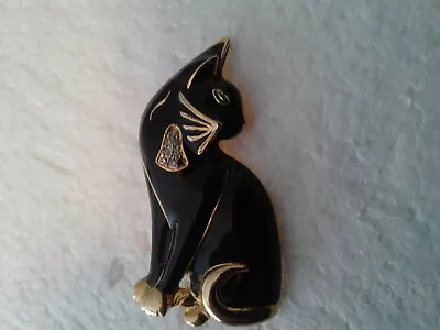 Vtg Art Deco Enamel Brooch Black Kitty Cat Gold Accents Rhinestone Bell • $4.99