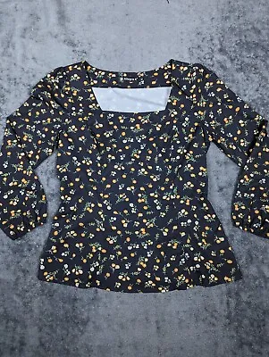 Allegra K Shirt Women Small Black Floral Balloon Sleeve Top Fit Flare Blouse Top • $2