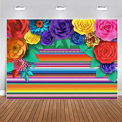 Mexican Theme Party Striped Backdrop Fiesta Cinco De Mayo Paper Flowers Backgrou • $12.26