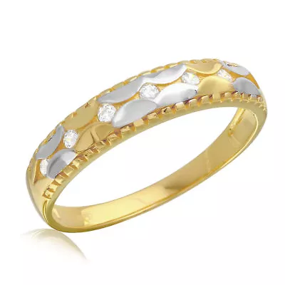 Men's Sterling Silver Gold Plated Hammered Design CZ Stones Wedding Band Ring • $19.99