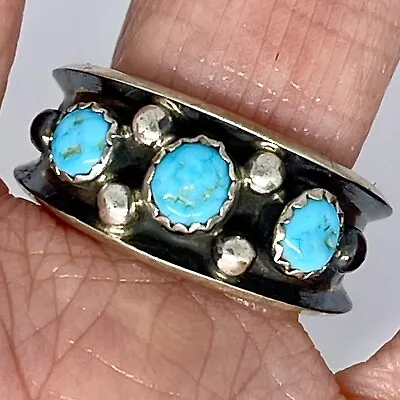 Turquoise Band Ring Sz 12 Navajo 5g 12mm Sterling Mens Three Stone Dark • $89.95