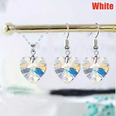 3pc/set Women White AB Heart Crystal Pendant Necklace Earring Bridal Jewelry Set • $0.60