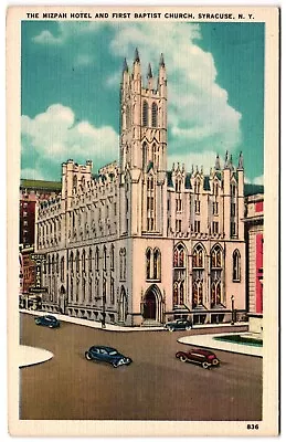 The Mizpah Hotel And First Batist Church Syracuse NY Street View Cars Postcard • $3.99