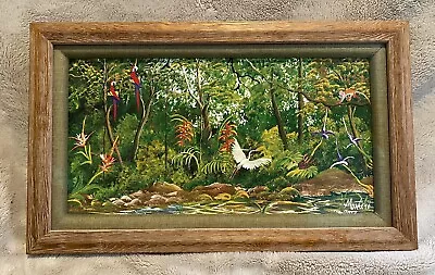 Colorful Original Oil Painting - Tropical Landscape - Macaws Heron Monkey • $399