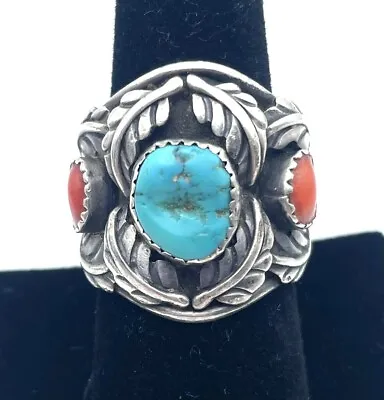 Navajo Native Sterling Silver Ring Sarah Dickens Turquoise Coral Sz 9 *REPAIR* • $39.99