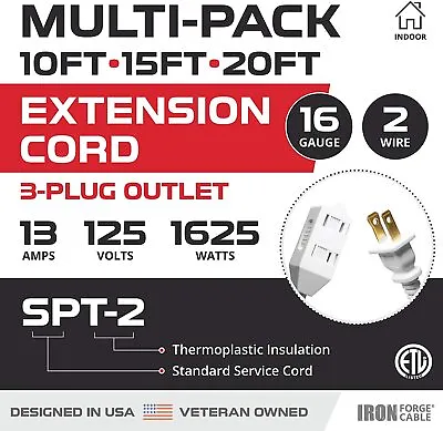 White Extension Cord 3 Pack 10ft 15ft & 20ft - 16/2 Durable Electrical Cable • $19.98