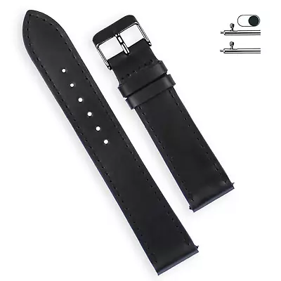 20mm Flat Black Watch Band Men Genuine Leather Black Buckle Quick Release • $15.29