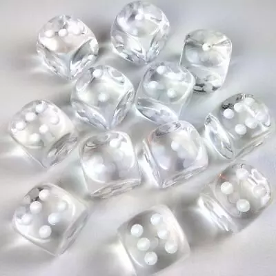 Chessex Dice D6 Sets:Clear With WhiteTranslucent-16mm Six Sided Die 12 CHX 23601 • $7.58