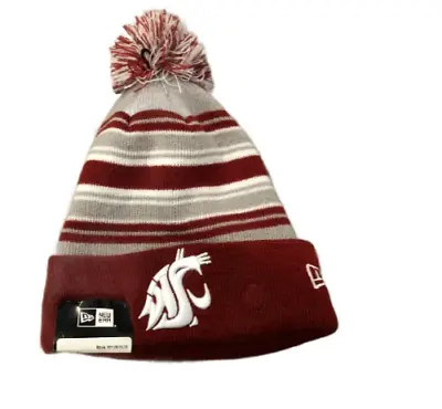 New NWT Washington State Cougars New Era Striped Logo Cuffed Pom Knit Beanie Hat • $616.26