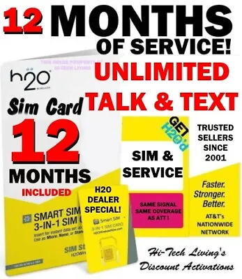 H2o H20 Wireless Sim ⭐ 12 Months Of Service ⭐ Unlimited T/t ⭐ Trusted Dealer • $85