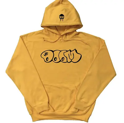 MF Doom Hoodie With Bubble Letters And Doom Mask On Hood Gold W/ Black Print • $28