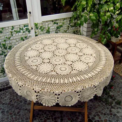 $107.29 • Buy Vintage Hand Crochet Tablecloth Round Cotton Lace Table Cloth Doily Wedding 86 