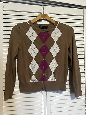 TAILOR B. MOSS Women’s Size Medium M Sweater Cardigan Brown Argyle Cotton • $20.97