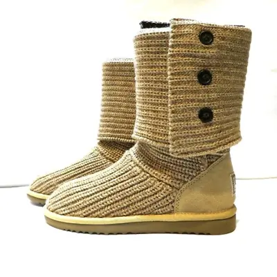 UGG Classic Cardy II Knit Boot Slouched Cuffable Button Shaft Tan Fabric Size 5 • $33.75